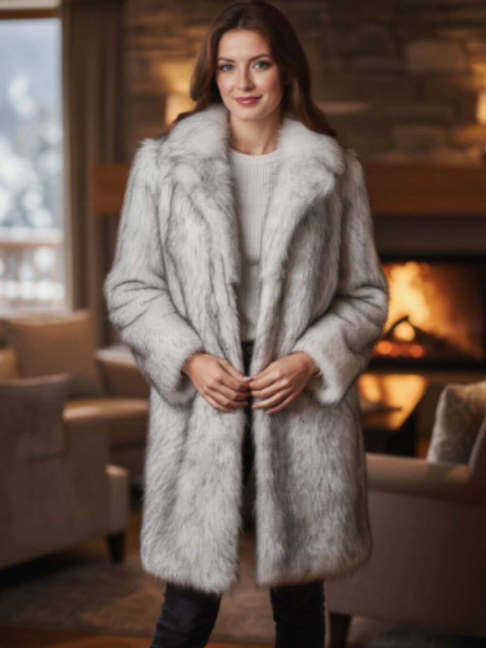 QIYE Faux Fox Fur Coat Frosted Multi Tonal Silver Mid-Length  Size M  Like New